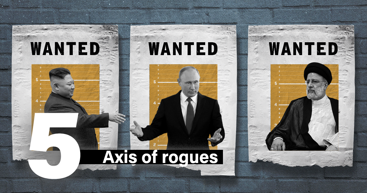 Leaders of Russia, Iran, and North Korea stand under signs that read: 