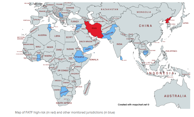 Map of FATF high-risk (in red) and other monitored jurisdictions (in blue)