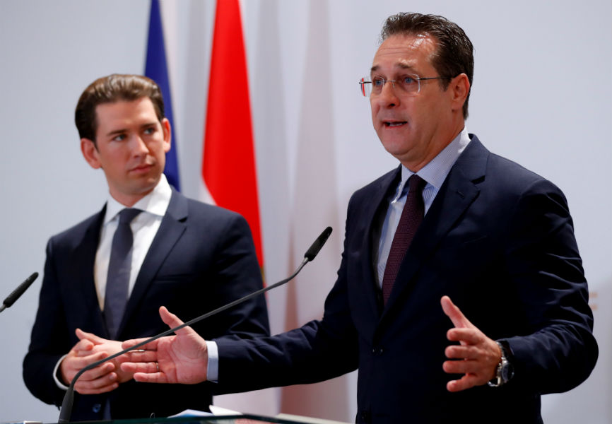 Austria's Chancellor Sebastian Kurz and Vice Chancellor Heinz-Christian Strache address the media in Vienna, Austria. REUTERS.