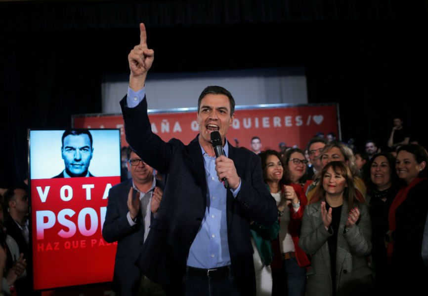 Spanish Socialist Prime Minister Pedro Sanchez speaks at a rally.