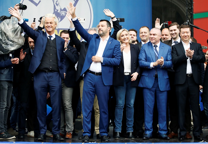 Geert Wilders of the Dutch PVV party, Italian Deputy Prime Minister Matteo Salvini, Marine Le Pen of the French National Rally party, Veselin Mareshki of the Bulgarian Volya party, and Tomio Okamura of the Czech SPD party attend a rally of European nation