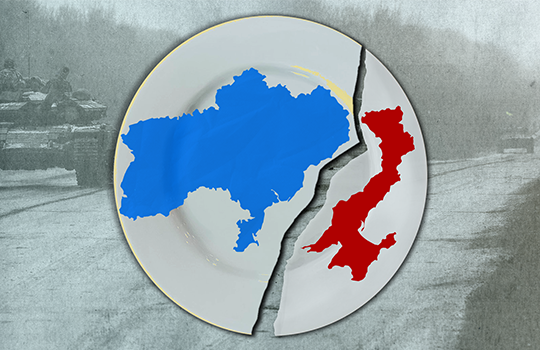 A plate split in half with Ukraine in red and blue on each side