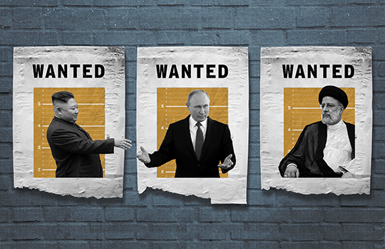 Leaders of Russia, Iran, and North Korea stand under signs that read: 