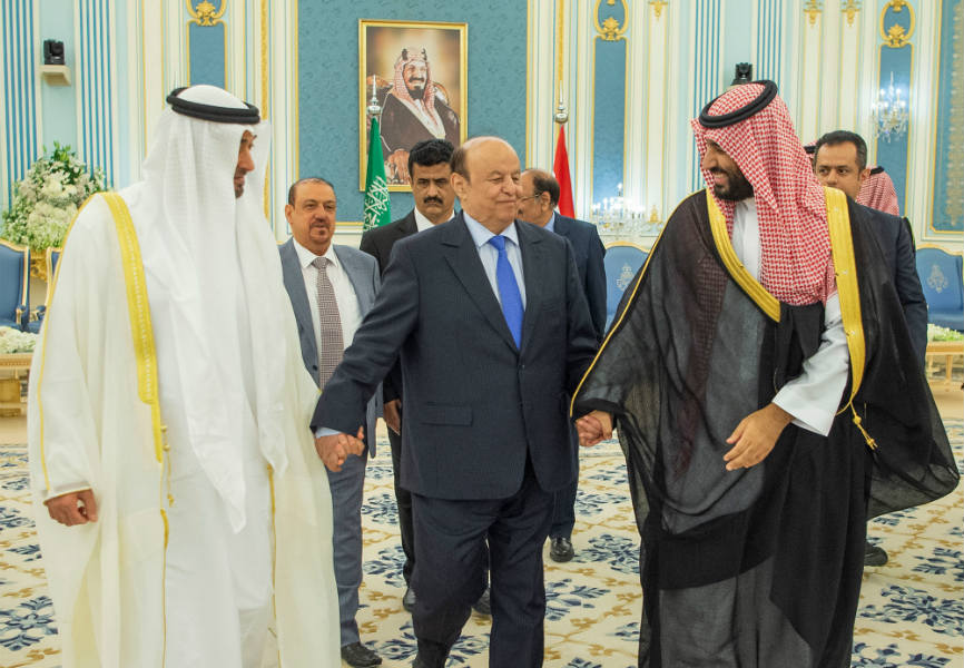 (From left) Abu Dhabi Crown Prince Sheikh Mohammed bin Zayed, Yemen's President Abdu Rabbu Mansour Hadi, and Saudi Crown Prince Mohammed bin Salman in Riyadh. REUTERS.
