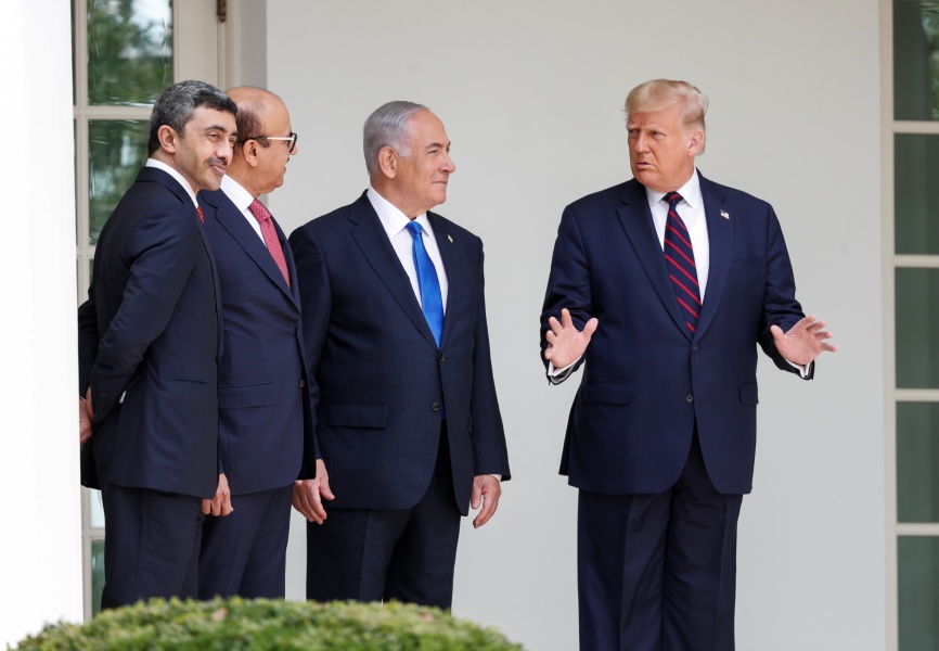 (From left) United Arab Emirates Foreign Minister Abdullah bin Zayed, Bahrain Foreign Minister Abdullatif Al Zayani, Israeli Prime Minister Benjamin Netanyahu, and US President Donald Trump at the White House. REUTERS.