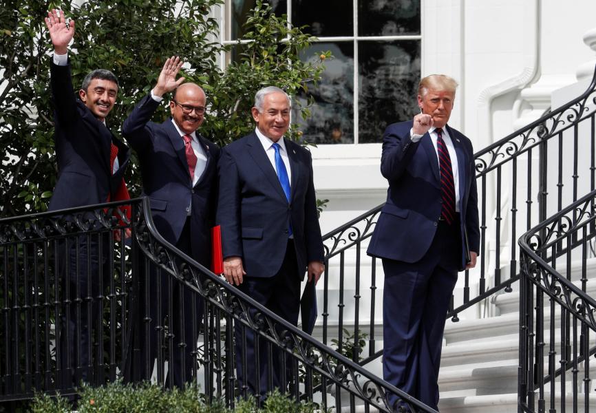 (From left) United Arab Emirates Foreign Minister Abdullah bin Zayed, Bahrain Foreign Minister Abdullatif Al Zayani, Israeli Prime Minister Benjamin Netanyahu, and US President Donald Trump at the White House. REUTERS.