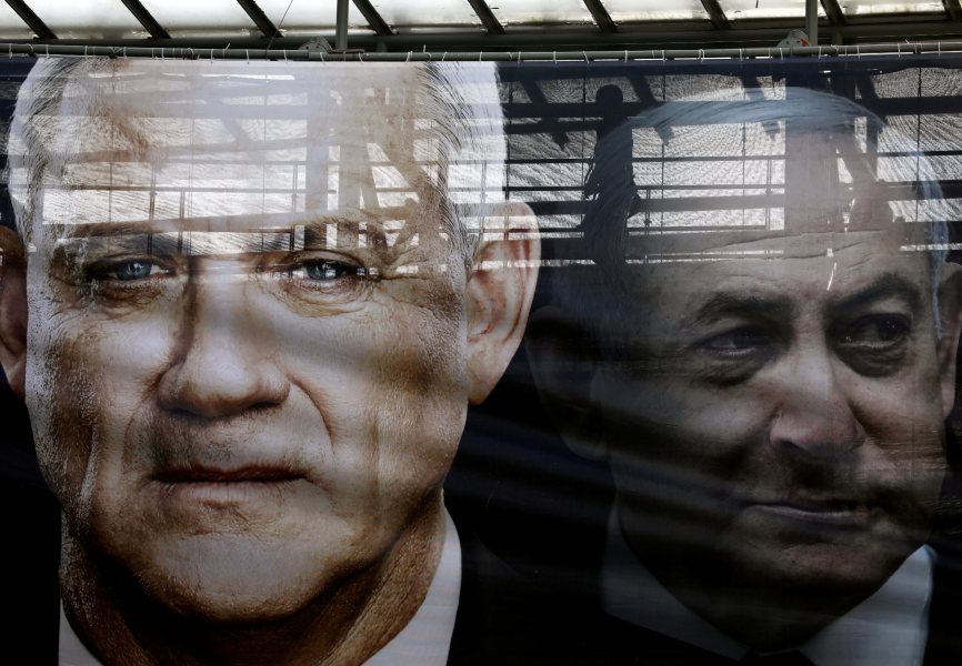 A banner depicting Israel's Alternate Prime Minister Benny Gantz and Prime Minister Benjamin Netanyahu.