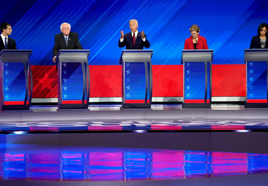 (From left) South Bend Mayor Pete Buttigieg, Senator Bernie Sanders, former Vice President Joe Biden, Senator Elizabeth Warren, and Senator Kamala Harris at the 2020 Democratic US presidential debate in Houston on 12 September 2019. REUTERS.