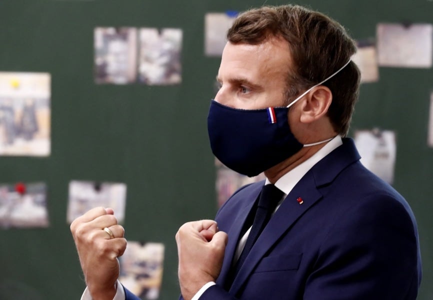 French President Emmanuel Macron at an elementary school in Poissy, France. REUTERS.