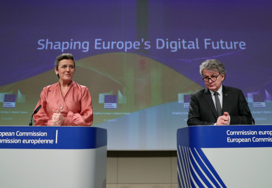 European Commissioner for a Europe Fit for the Digital Age Margrethe Vestager and European Internal Market Commissioner Thierry Breton present the European Commission's data/digitial strategy. REUTERS.