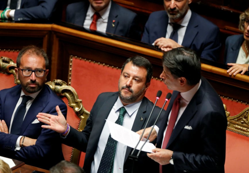 Matteo Salvini gestures as Italian Prime Minister Giuseppe Conte addresses parliament. REUTERS.