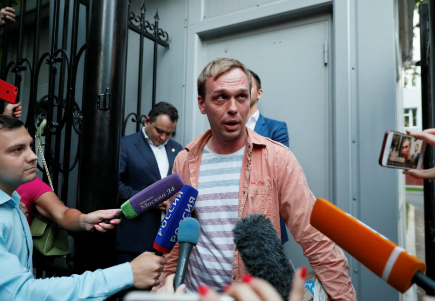 Russian journalist Ivan Golunov meets the media in Moscow. REUTERS.