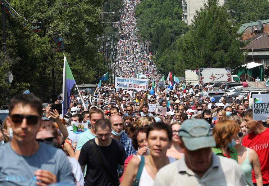 People rally in support of arrested Khabarovsk Governor Sergei Furgal in Russia. REUTERS.