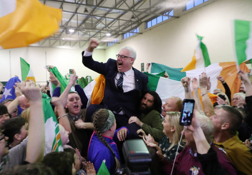 Sinn Fein supporters celebrate during an Irish General Election vote count. REUTERS.