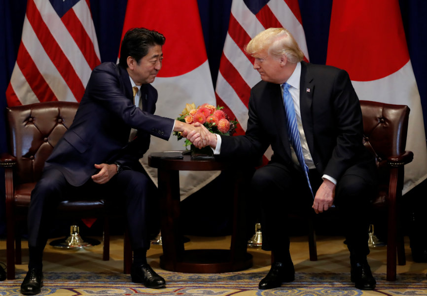 US President Donald Trump and Japanese Prime Minister Abe Shinzo at the 73rd session of the United Nations General Assembly in New York. REUTERS.