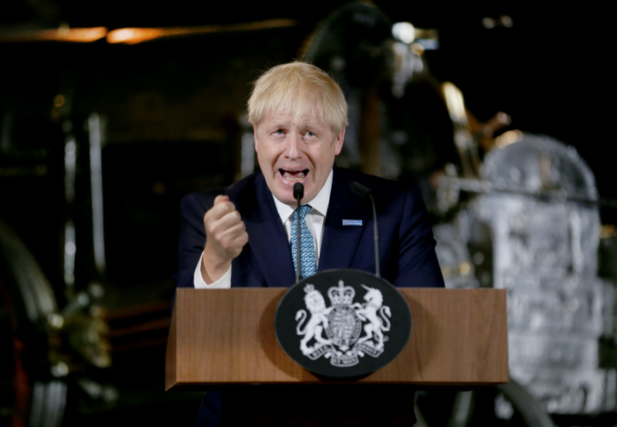 UK Prime Minister Boris Johnson gives a speech on domestic priorities at the Science and Industry Museum in Manchester. REUTERS.